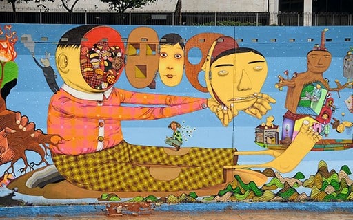 Mural na Avenida Vinte e Três de Maio (2008) feito por OsGemeos e outros artistas.
