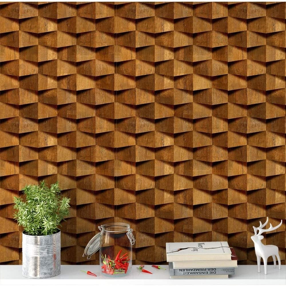 Papel de parede vinílico, com efeito 3D, que parece madeira.