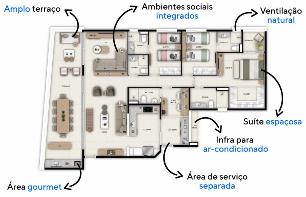 Apartamento do Square Bertioga Family Club de 165 m² com um ambiente pensado para o trabalho home office.
