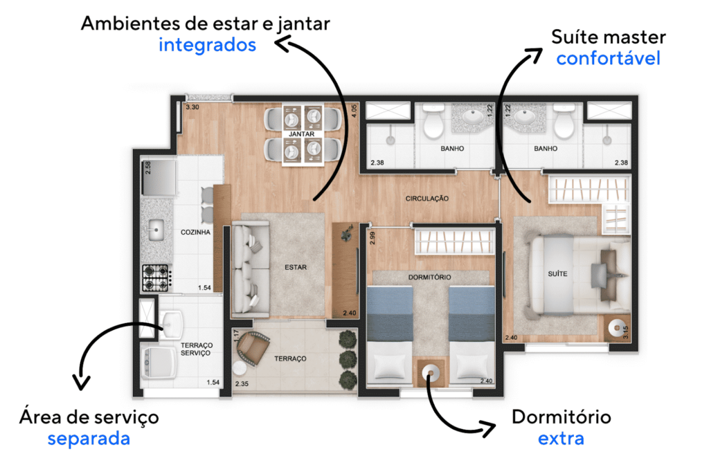 Planta de um imóvel com dois dormitórios, o tamanho ideal de apartamento para quem tem uma família de três pessoas.
