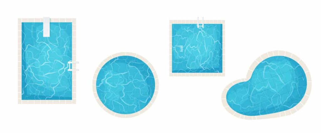 Formato de piscina retangular, redonda, quadrada e personalizada, respectivamente.
