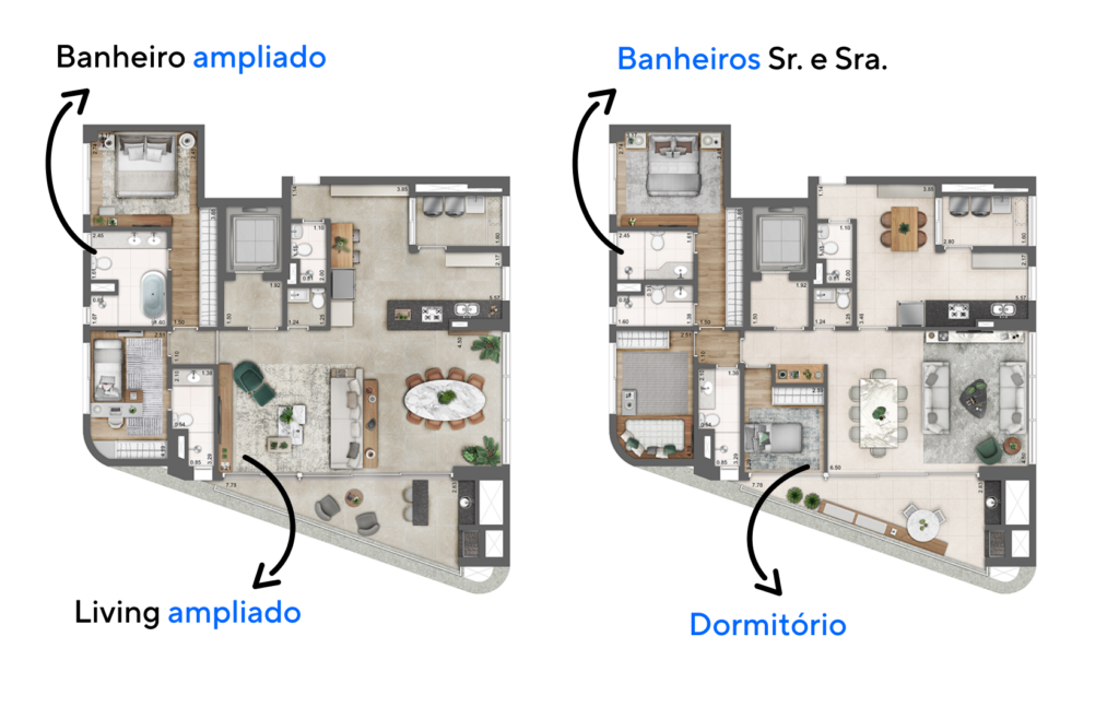 Imagem de duas plantas, sendo uma com 3 dormitórios e outra com 2 dormitórios e sala ampliada.