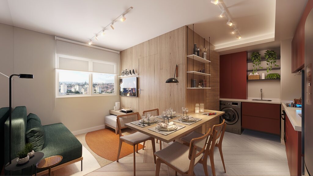 Área social do apartamento de 35 m² integrando espaço de estar, jantar e cozinha.
