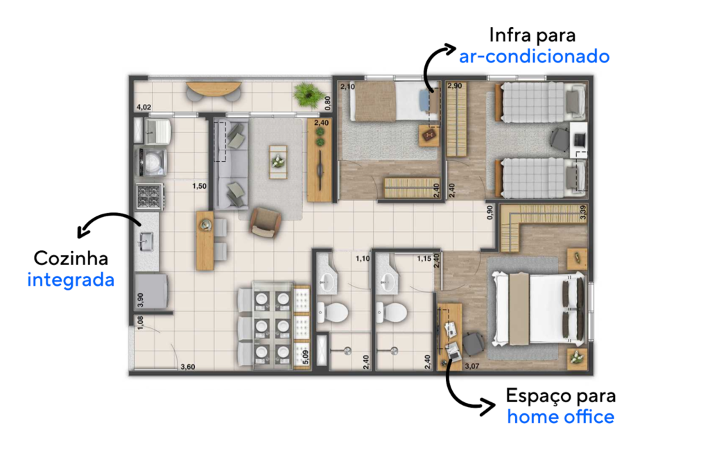 Planta baixa do apartamento de 54 m² do Apogeu Barra.