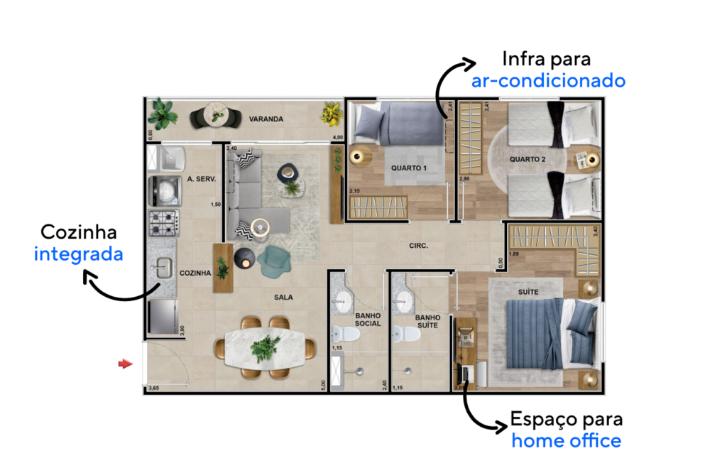 Planta baixa de 56 m² do Viva Barra Sense, um apartamento na Barra Olímpica.
