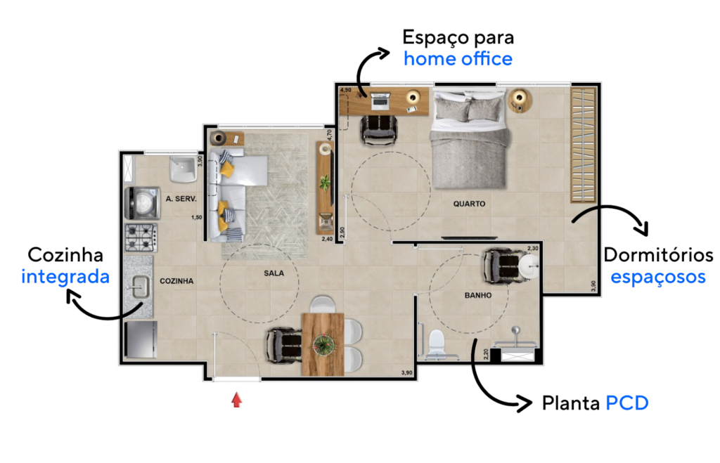Planta baixa do apartamento de 45 m² PCD do Viva Barra Sense.