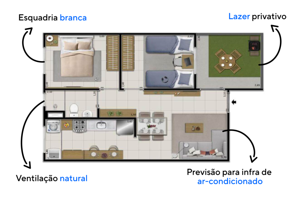 Ilustração de apartamento garden, com área externa que possibilita lazer privativo.