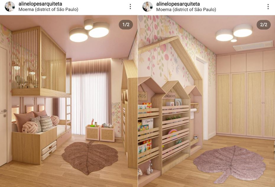 Post do instagram da arquiteta Aline Lopes, que mostra um projeto de quarto infantil com espaço de dormir, para brincar e guardar os brinquedos,