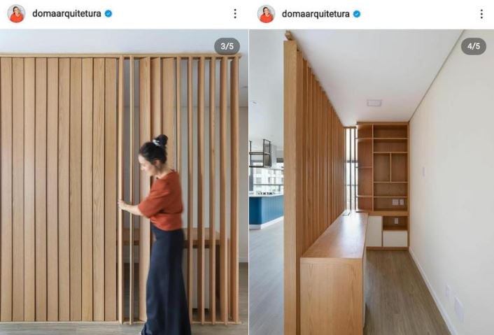 Post do instagram da doma arquitetura, que mostra um espaço destinado ao home office todo feito de madeira.