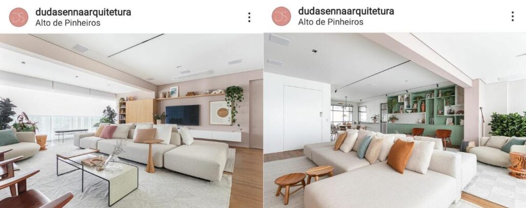 Post do instagram da arquiteta Duda Sena com projeto de sala integrada com a varanda, utilizando cores como verde, rosa, laranja e azul.