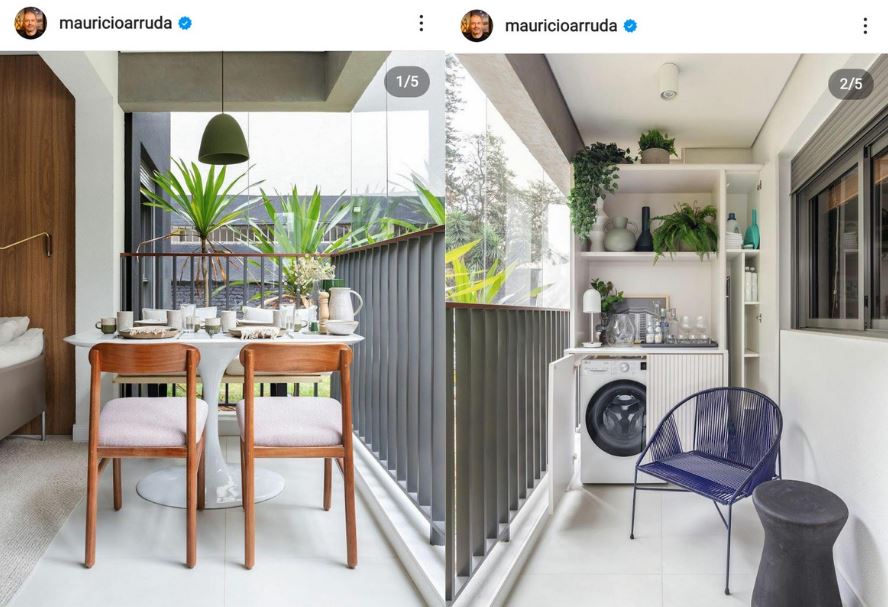 Post do instagram do arquiteto Mauricio Arruda que mostra dois exemplos de como utilizar uma varanda pequena, o primeiro exemplo é como sala de jantar e o outro é como lavanderia.