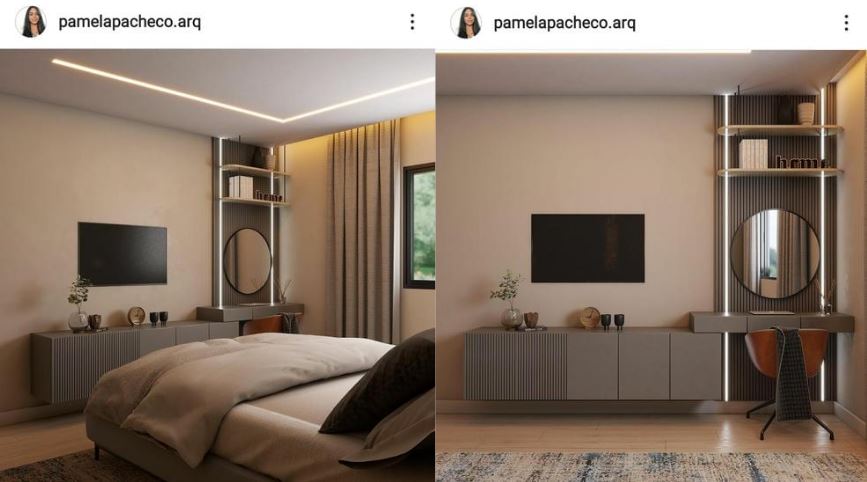 Post do instagram da arquiteta Pamela Pacheco que mostra um projeto de quarto todo com cores neutras como bege e cinza, com iluminação feita com perfis de led.