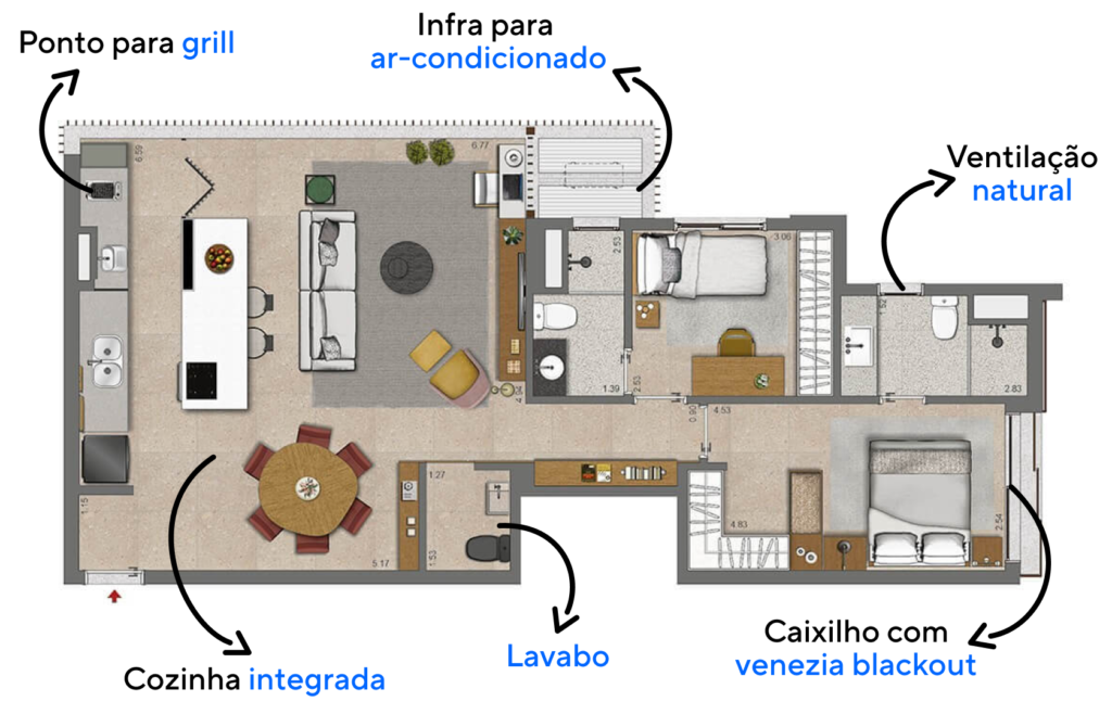 Planta do apartamento de 86 m² com área social ampla e integrada com os outros ambientes, favorecendo a conexão das áreas.