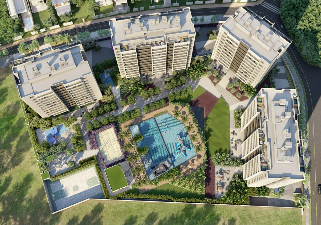Imagem aéreas de um condomínio que mostra todas as áreas de lazer e quatro prédios residenciais.
