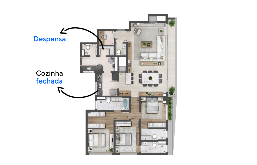 Planta de apartamento com ampla área para armários na cozinha e com espaço para despensa.