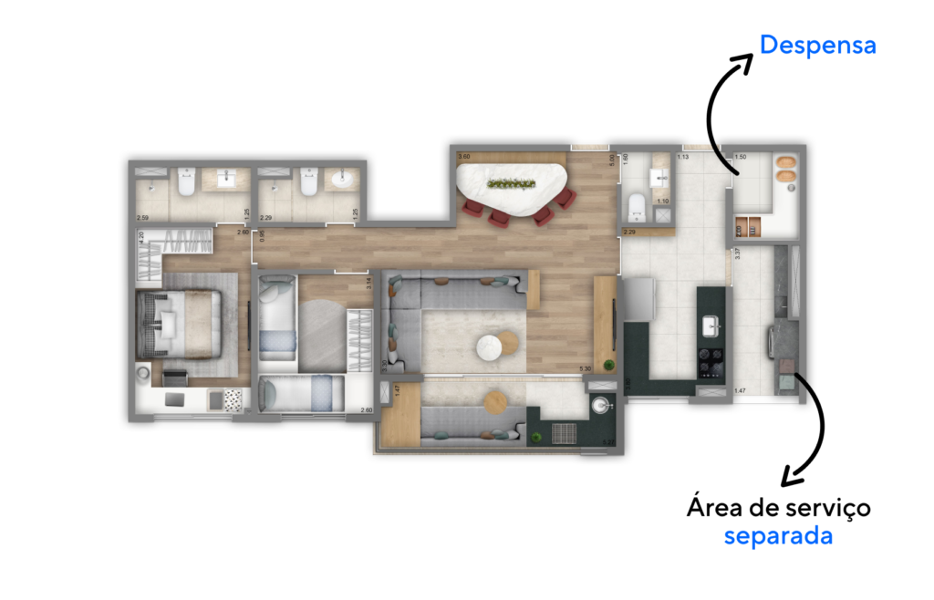 Apartamento com 90m², dimensão que comporta confortavelmente uma cozinha separada da área social e um ambiente para mantimentos.
