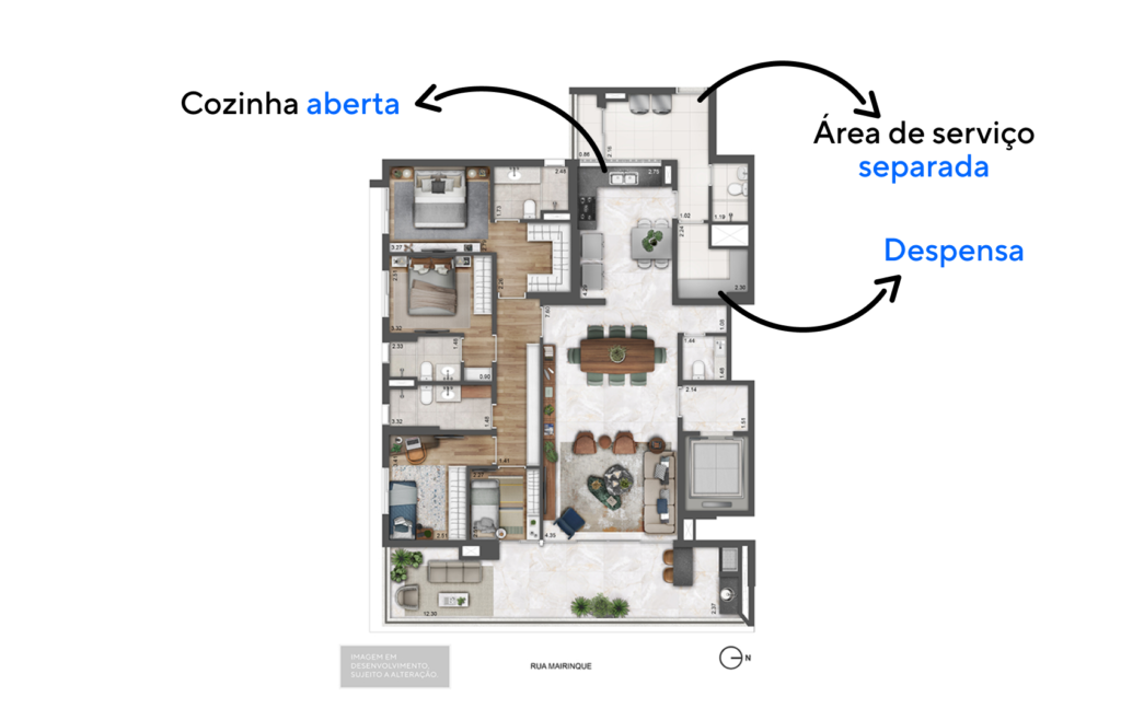 Planta de apartamento com 179 m² de área. A cozinha aberta se conecta com a área social. 