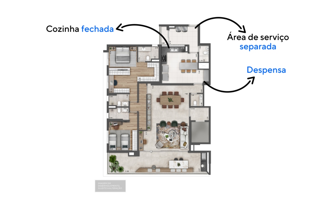 Planta de apartamento de 179 m², com espaço para armazenamento aberto.