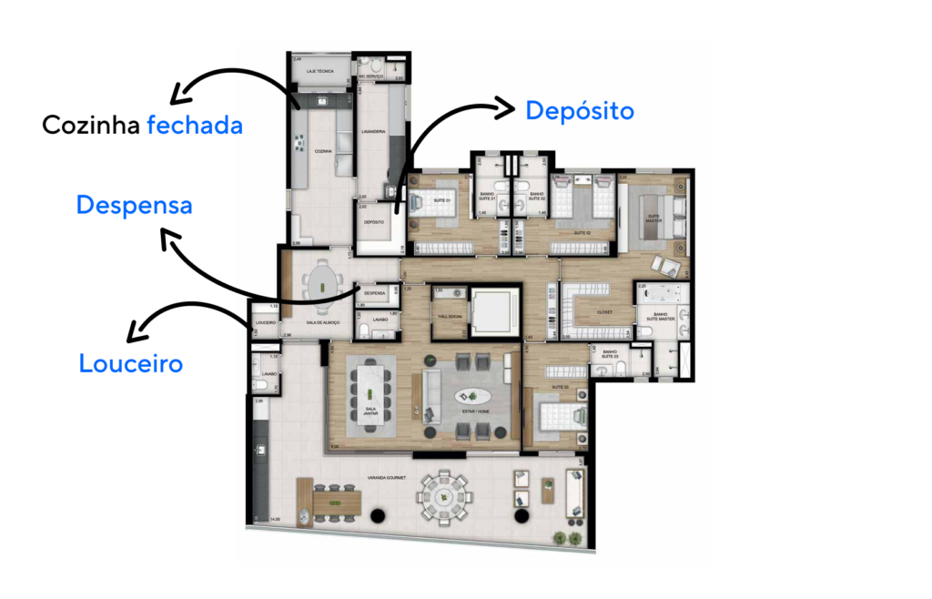 Planta de apartamento com mais de 200 m°, amplo espaço que permite configurar depósito, despensa e louceiro separadamente.