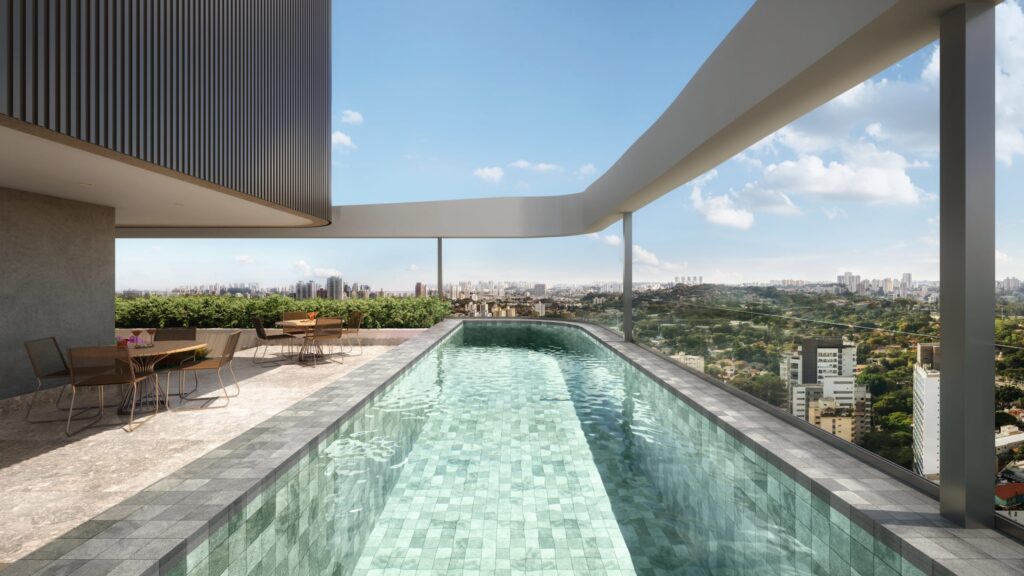Perspectiva de um dos rooftops com piscina. O guarda-corpo em vidro permite vista panorâmica para o entorno.