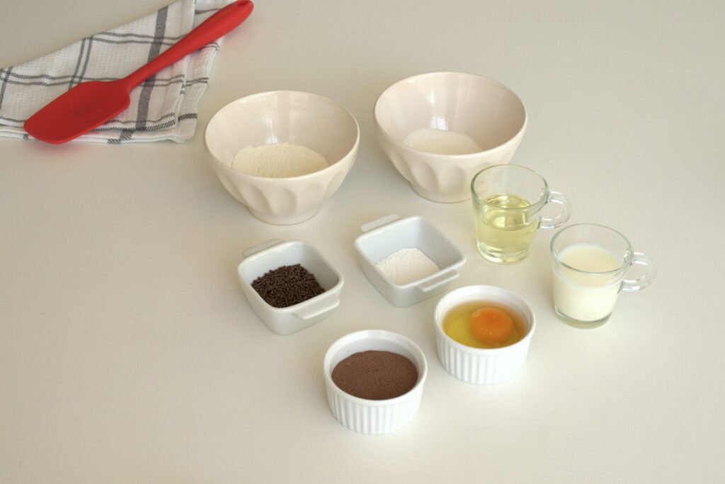 Imagem dos ingredientes necessários para o bolo de caneca de chocolate, incluindo secos e molhados.