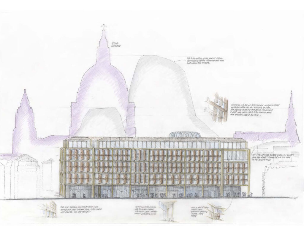 Desenho da fachada da Sede da Bloomberg em Londres, Foster + Partners. 