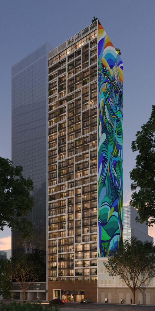 Perspectiva ilustrada da fachada do Skylux by Tegra com muito movimento e dinamismo. 