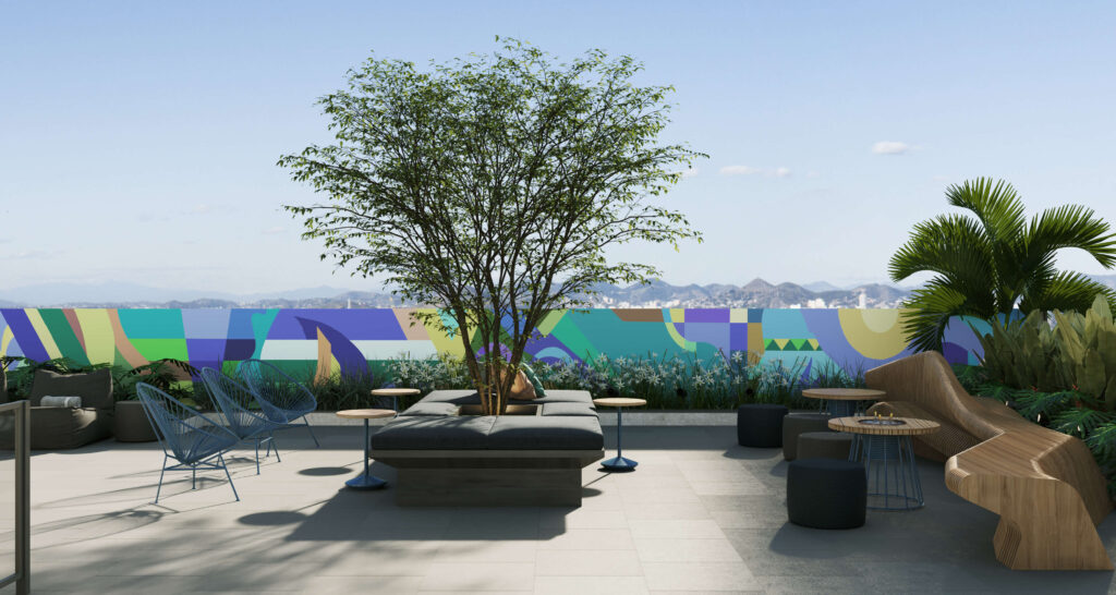 Perspectiva ilustrada do Open Lounge no rooftop, com painel artístico. 