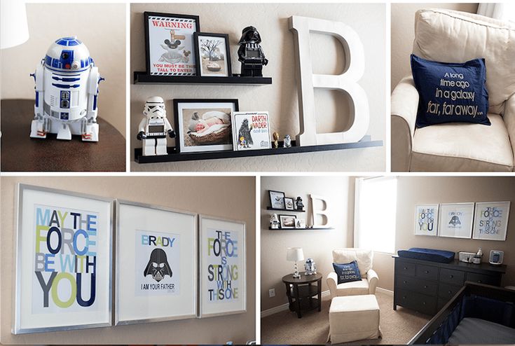 A decoração de quarto compartilhado para irmãos ainda pode ser temática! Este quarto é bege, com tons de branco, azul escuro e elementos de Star Wars, como quadros e pequenos bonecos da saga.