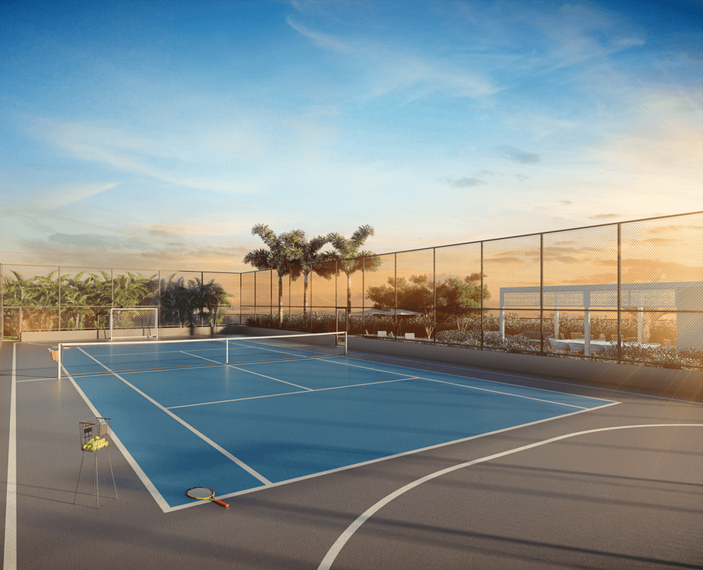 Quadra de tênis do Living One, uma opção de atividade física ao ar livre. 