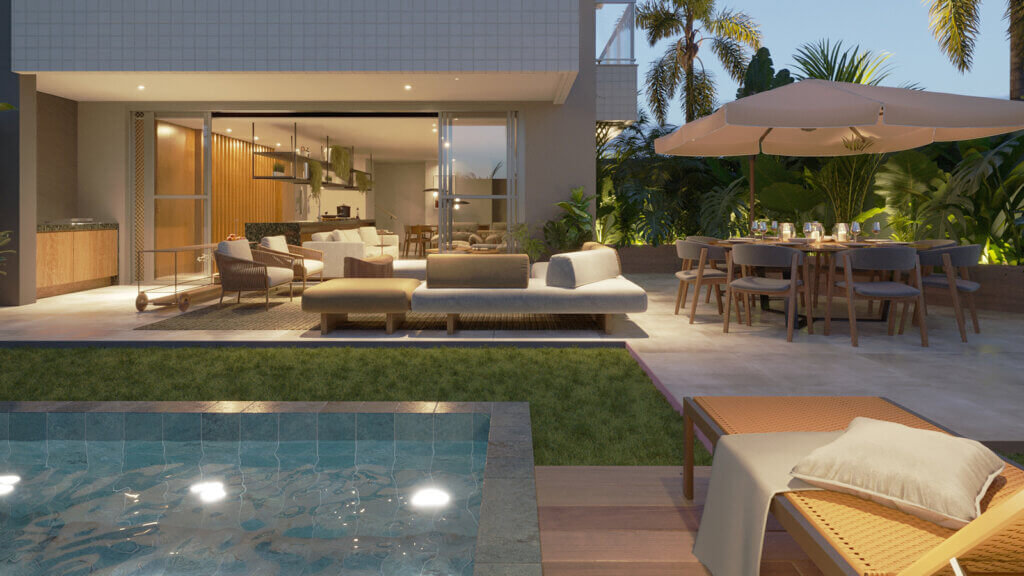 Área de lazer privativa com opção de personalização com piscina, para que os moradores possam desfrutar de momentos especiais até mesmo dentro de casa.