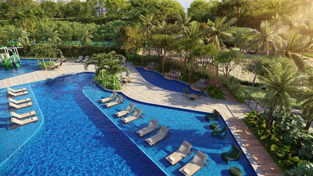 Área da piscina do Gaea Home Resort. 