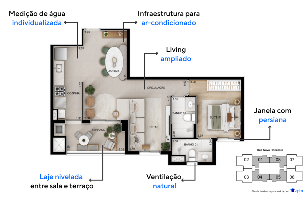 Planta ilustrada do Vista Horizonte Norte Sul com configuração ampliada, valorizando o convívio social.