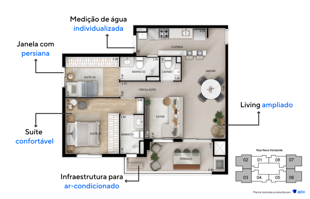 Planta ilustrada do Vista Horizonte Norte Sul com área social que integra estar e jantar.