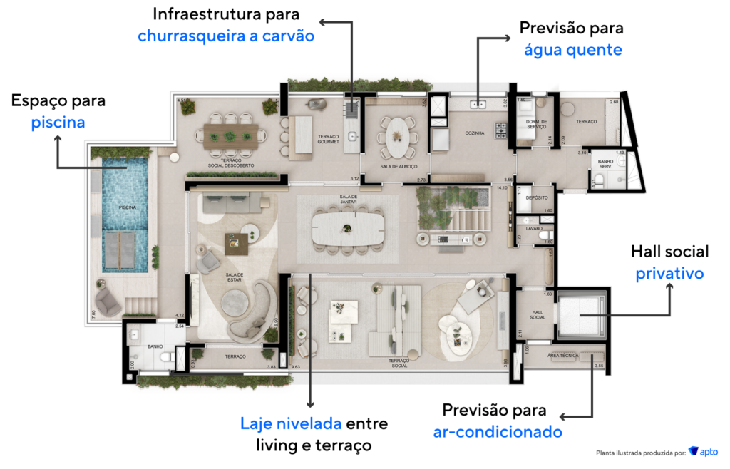 Planta inferior do duplex de 482 m².