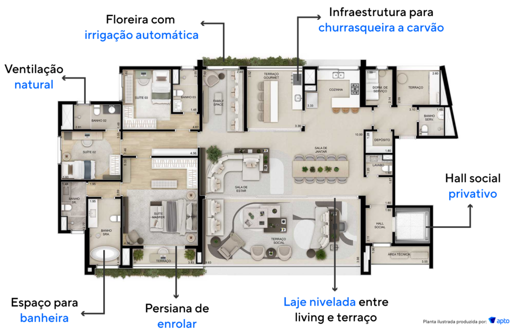 Planta dos apartamentos de 262 m².